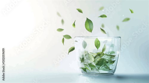 The image shows a clear glass container partially filled with green leaves.  Additional green leaves are depicted as falling into the glass from above. The background is a bright, slightly blurred,