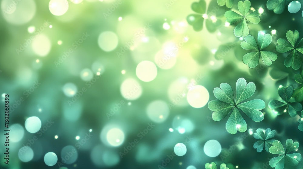 abstract background with soft, glowing shamrocks in various shades of green, layered with a subtle bokeh effect and light sparkles, creating a magical and festive ambiance.
