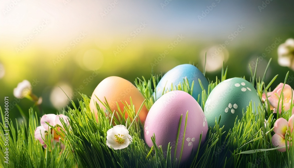 spring natural background with easter eggs and fresh green grass spring natural background with easter eggs and fresh green grass
