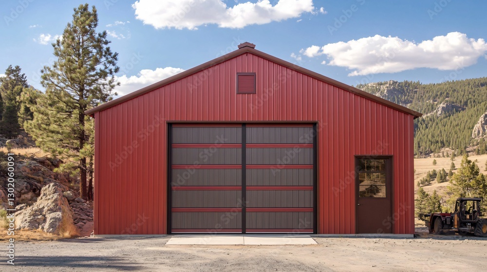 Rustic Red Metal Garage Building with Mountain View Rustic Red Metal Garage Building with Mountain View