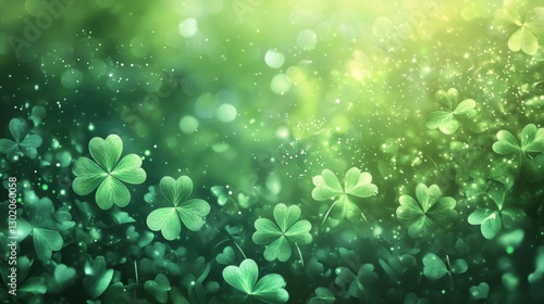 abstract background with soft, glowing shamrocks in various shades of green, layered with a subtle bokeh effect and light sparkles, creating a magical and festive ambiance.