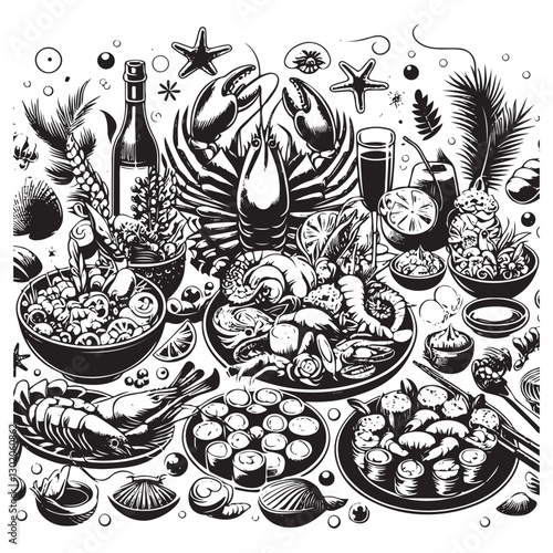 Festive seafood dishes food cooked modern delicacies with a presentation on the plate. Delicious dishes: salads and soups of shrimp, crab, mussels, baked fish, rolls, sushi, octopus vector