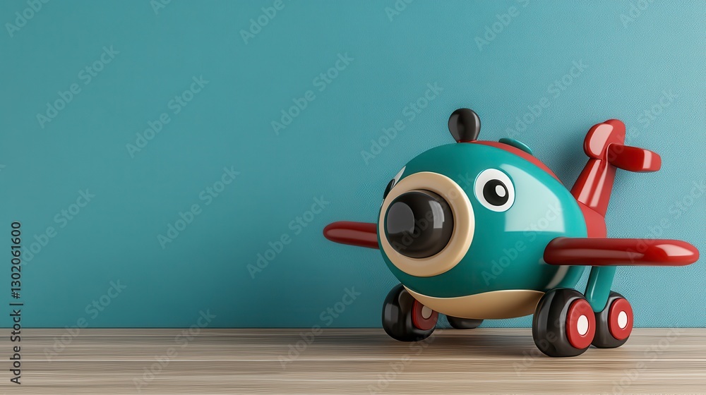 Naklejka premium Teal And Red Toy Airplane On Wooden Surface With Textured Background