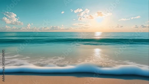 Tranquil ocean waves gently lapping on a sandy shore at sunset.