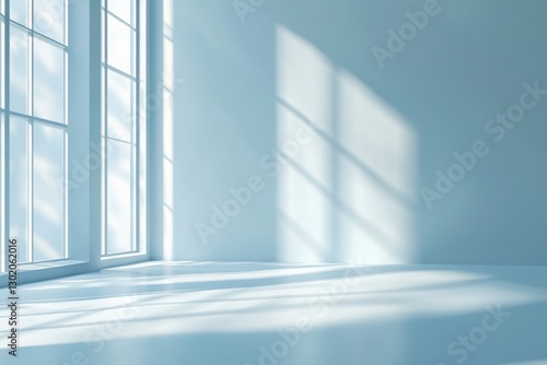 Light streams into an empty light blue room with windows