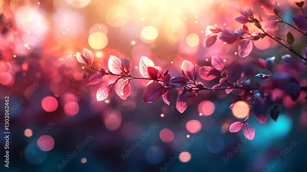 Vibrant pink leaves branch with bokeh background.