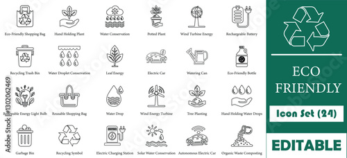Minimalist eco-friendly icon set for web, apps, and presentations. Fully customizable, scalable vector format, ideal for sustainability projects, infographics, and UI,UX design.