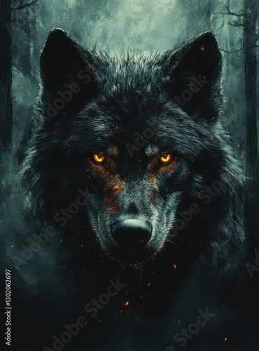Fiery-eyed wolf stares, misty forest background, fantasy art