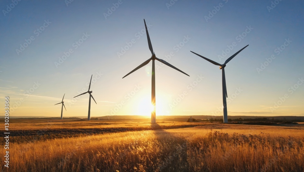 Majestic Wind Turbines Against Golden Sunrise in Open Landscape Majestic Wind Turbines Against Golden Sunrise in Open Landscape