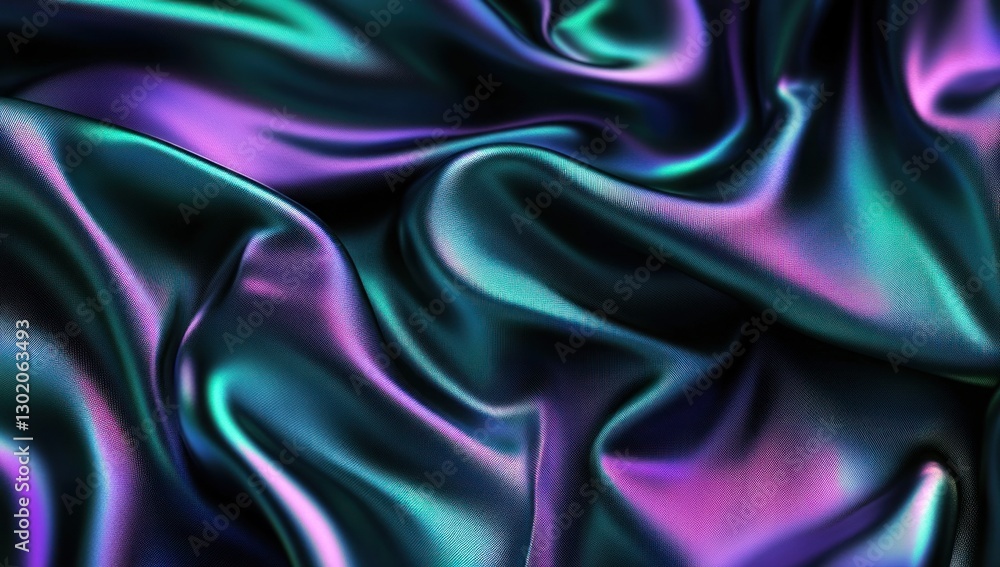 Obraz premium Iridescent fabric with flowing, wavy texture in teal, purple, and black.