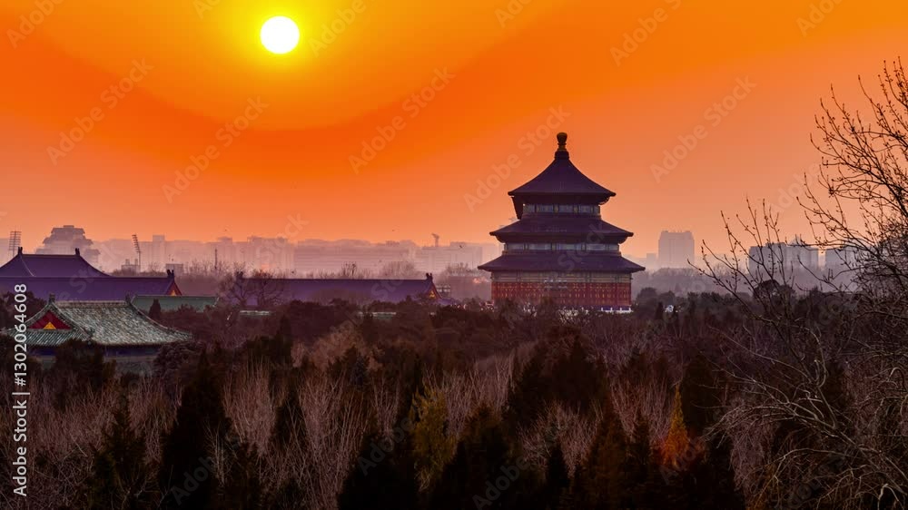 Stunning sunset time lapse over Temple of Heaven in Beijing showcasing vibrant colors and serene atmosphere Stunning sunset time lapse over Temple of Heaven in Beijing showcasing vibrant colors and serene atmosphere