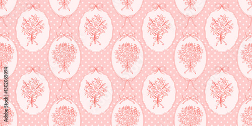 Pattern of bunch of flowers in frames on dots background. Seamless pattern of frames with bouquet of flowers