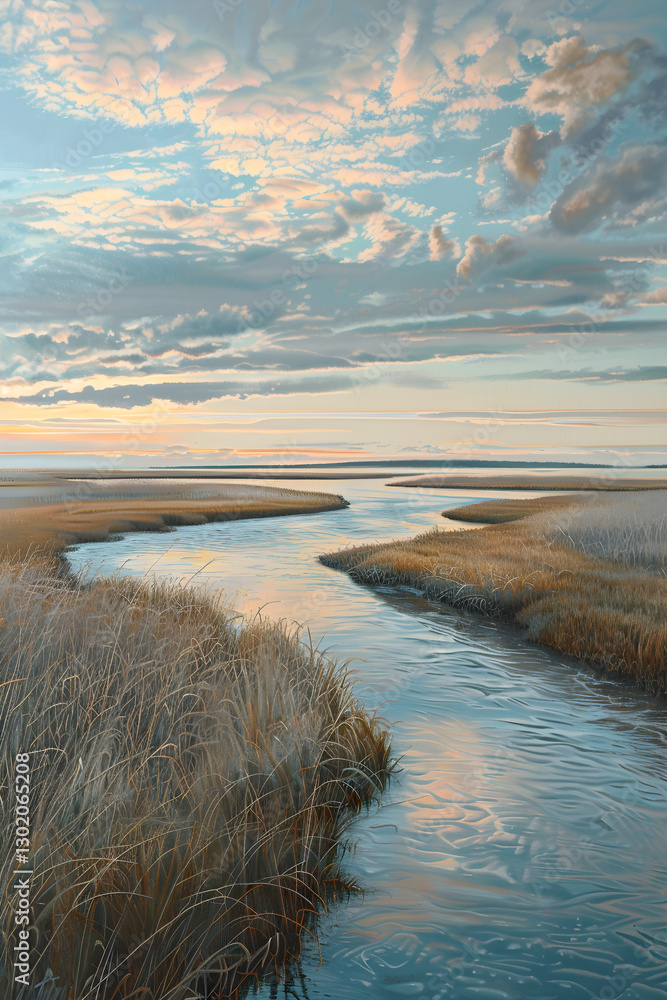 Obraz premium Serene Convergence: The Harmonious Flow of River to Sea in a Tranquil Coastal Landscape