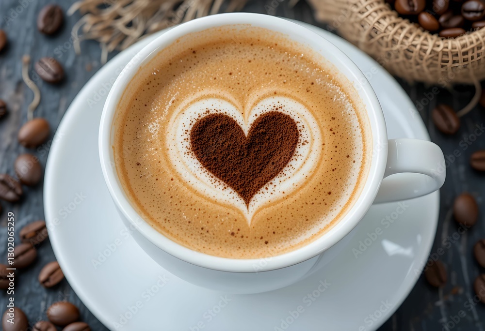 top down view cappuccino with brown heart latte art on white saucer with coffee beans top down view cappuccino with brown heart latte art on white saucer with coffee beans