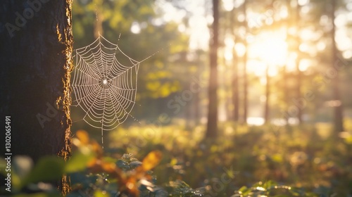 Dew-kissed spiderweb on tree, sunlit forest
