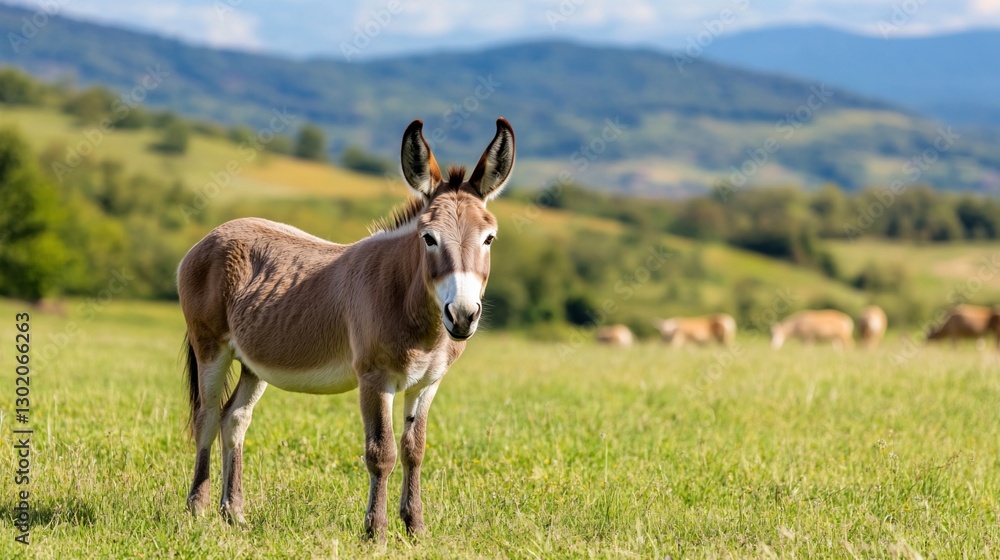 Donkey standing in grassy mountain pasture Donkey standing in grassy mountain pasture