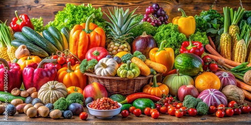 Fresh and Colorful Assortment of Organic Vegetables and Fruits