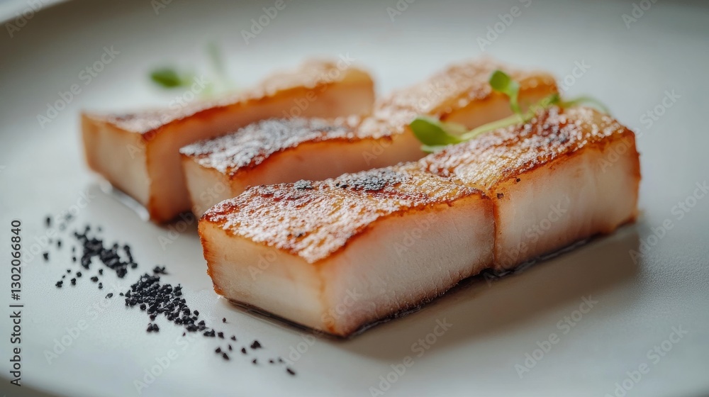 81.A close-up view of shabu-style pork belly slices, arranged symmetrically on a clean white plate, with the subtle grey background providing a minimalist aesthetic. 81.A close-up view of shabu-style pork belly slices, arranged symmetrically on a clean white plate, with the subtle grey background providing a minimalist aesthetic.