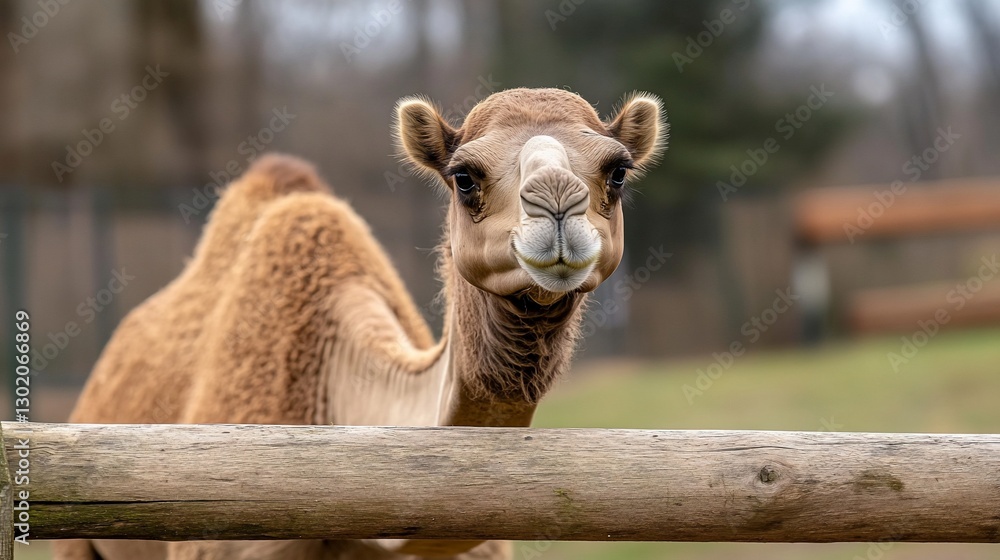 Obraz premium Dromedary camel gazing over park fence