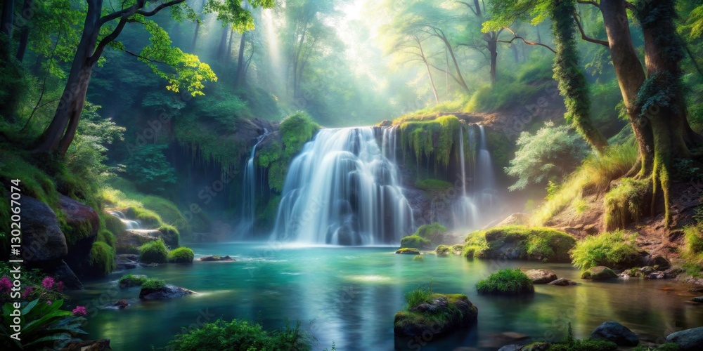 Serene Waterfall Cascading into Tranquil Emerald Pool in Nature Serene Waterfall Cascading into Tranquil Emerald Pool in Nature