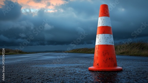 Traffic Cone on a Wet Road Under Dark Clouds