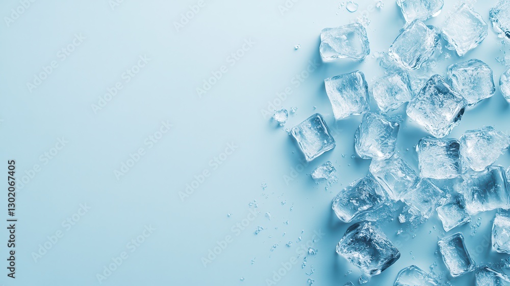 Clear ice cubes on a light blue background are melting Clear ice cubes on a light blue background are melting