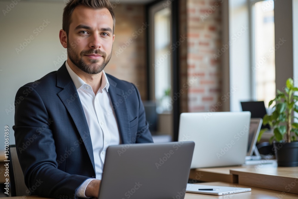 Confident Caucasian Male Professional in Business Suit Working at Modern Office Desk with Laptops and Green Plant, Reflecting New Age Work Environment Confident Caucasian Male Professional in Business Suit Working at Modern Office Desk with Laptops and Green Plant, Reflecting New Age Work Environment