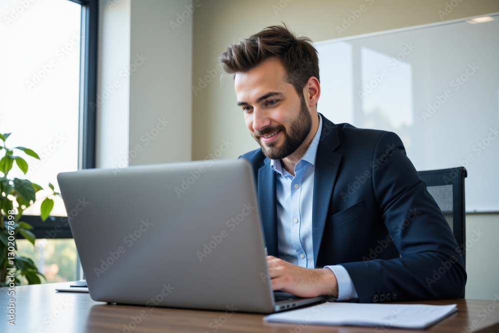 Young Adult Male Professional Working on Laptop at Desk in Modern Office Setting with Natural Light and Green Plant Nearby Young Adult Male Professional Working on Laptop at Desk in Modern Office Setting with Natural Light and Green Plant Nearby