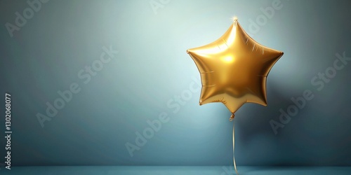 Shiny Golden Star Balloon Against Soft Blue Wall Background