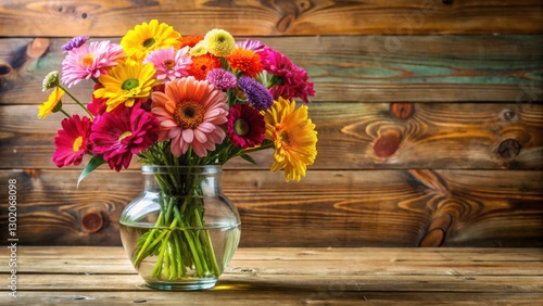 Vibrant Mixed Flower Bouquet in Glass Vase on Wooden Table