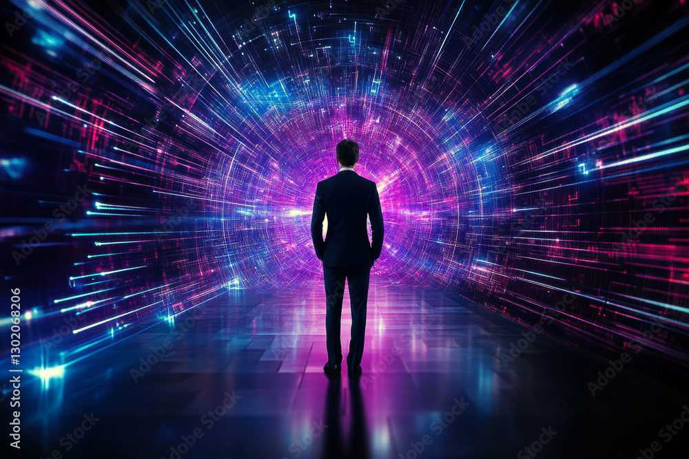 A figure in a sleek suit stands in awe, gazing into a mesmerizing vortex of vibrant lights and colors, symbolizing the infinite possibilities of innovation and technology. A figure in a sleek suit stands in awe, gazing into a mesmerizing vortex of vibrant lights and colors, symbolizing the infinite possibilities of innovation and technology.