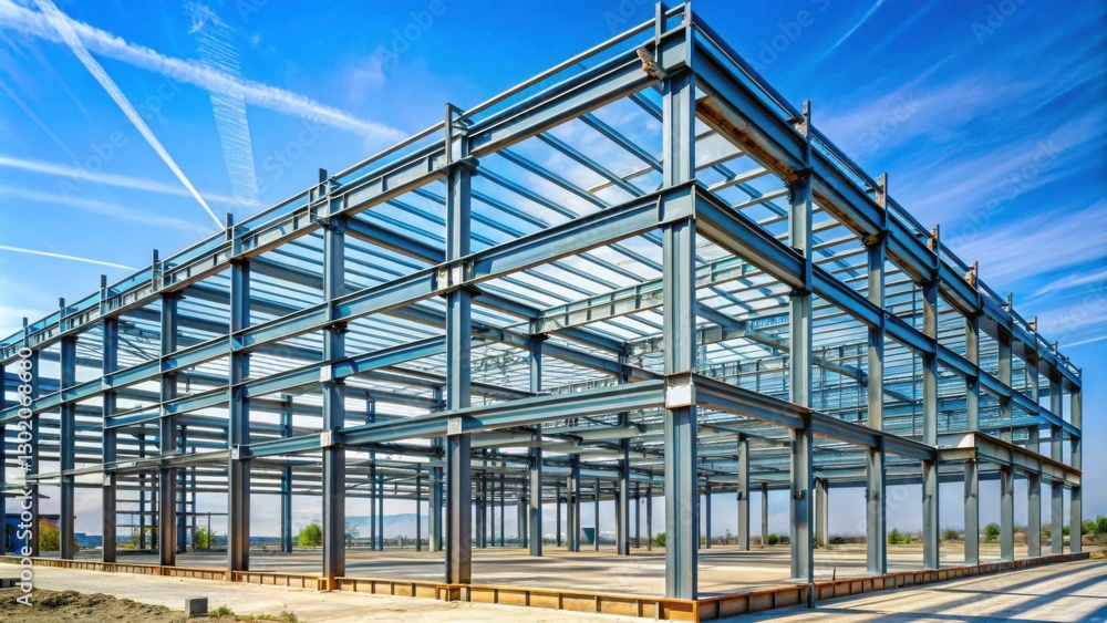 Modern Steel Framework of Industrial Building Under Clear Sky Modern Steel Framework of Industrial Building Under Clear Sky