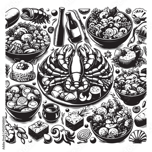 Festive seafood dishes food cooked modern delicacies with a presentation on the plate. Delicious dishes: salads and soups of shrimp, crab, mussels, baked fish, rolls, sushi, octopus vector