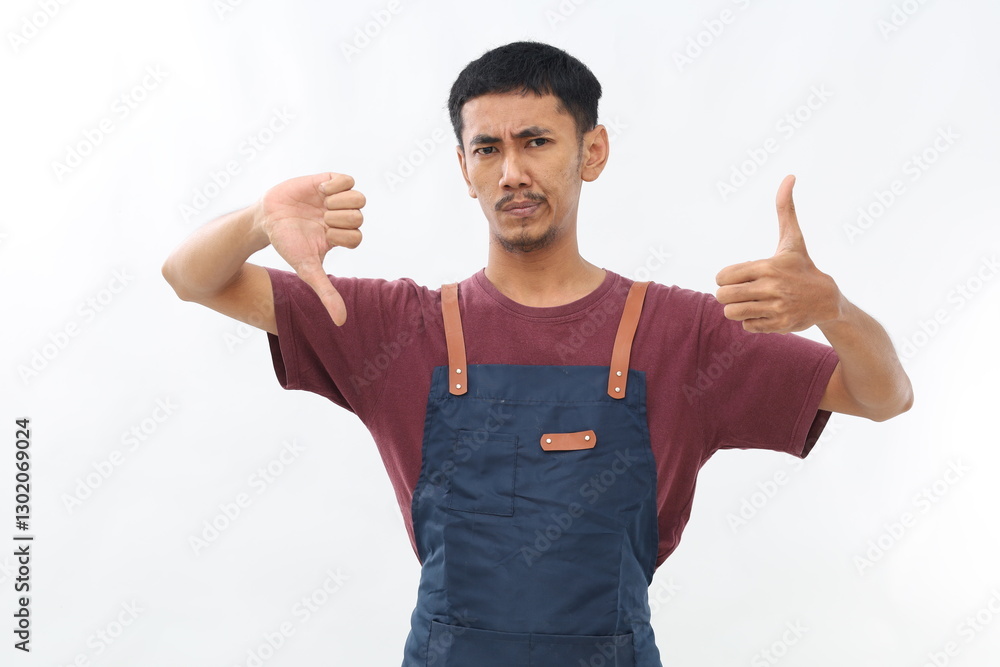 Fototapeta premium Young Asian young man showing thumbs up and thumbs down, difficult choose concept. Isolated on white background