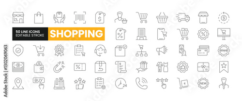 Set of 50 Shopping line icons set. Shopping outline icons with editable stroke collection. Includes E-Commerce, Stores, Malls, Products, Customers, and more.