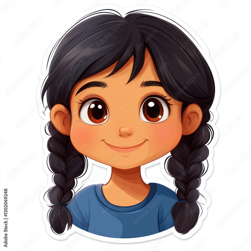 Adorable Girl with Braids: A Cheerful Cartoon Illustration Adorable Girl with Braids: A Cheerful Cartoon Illustration