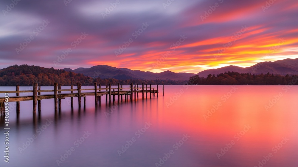 Fiery Sunrise over Lake District Pier Fiery Sunrise over Lake District Pier