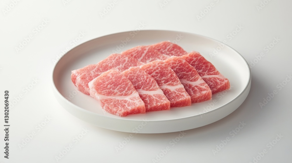 95.A minimalist composition featuring thin, raw slices of Kurobuta pork with visible marbled fat, styled elegantly on a smooth white plate, isolated against a pristine white backdrop. 95.A minimalist composition featuring thin, raw slices of Kurobuta pork with visible marbled fat, styled elegantly on a smooth white plate, isolated against a pristine white backdrop.