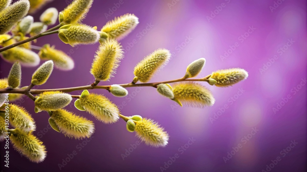 Delicate Floral Buds on Branch with Soft Purple Background Delicate Floral Buds on Branch with Soft Purple Background