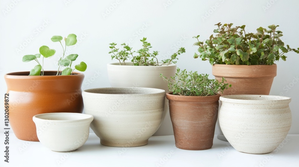 Fototapeta premium 17.A neatly organized set of pots in varying styles and sizes, ranging from glossy ceramic to matte terracotta, placed symmetrically on a bright white surface for contrast.