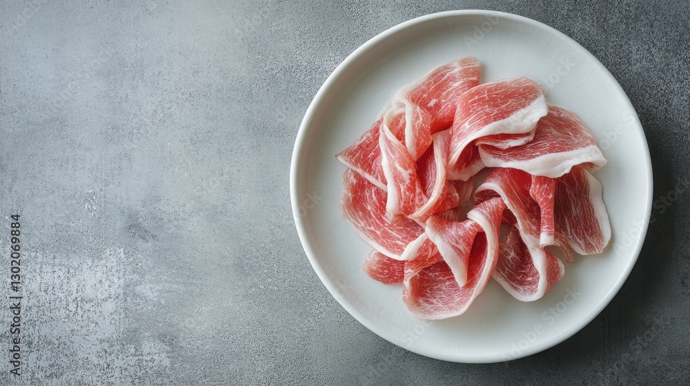 68.A neatly arranged white plate of thinly sliced belly pork, the marbled pink and white layers accentuated under soft studio lighting, placed on a smooth grey surface. 68.A neatly arranged white plate of thinly sliced belly pork, the marbled pink and white layers accentuated under soft studio lighting, placed on a smooth grey surface.