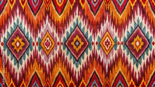 Vibrant Ikat Pattern with Geometric Shapes in Warm Tones