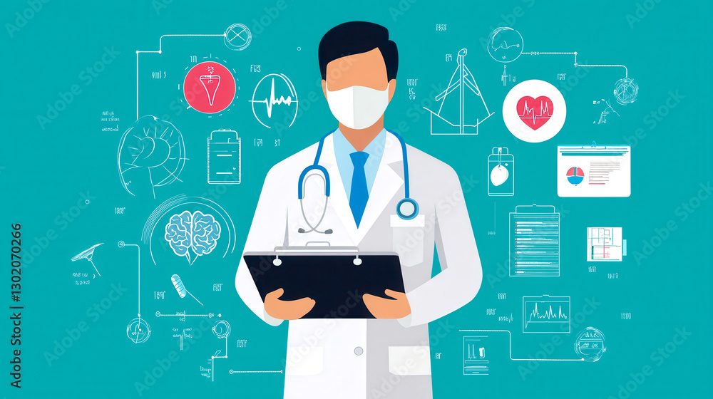 A medical professional in a lab coat and mask holds a clipboard, surrounded by health-related icons and symbols. A medical professional in a lab coat and mask holds a clipboard, surrounded by health-related icons and symbols.