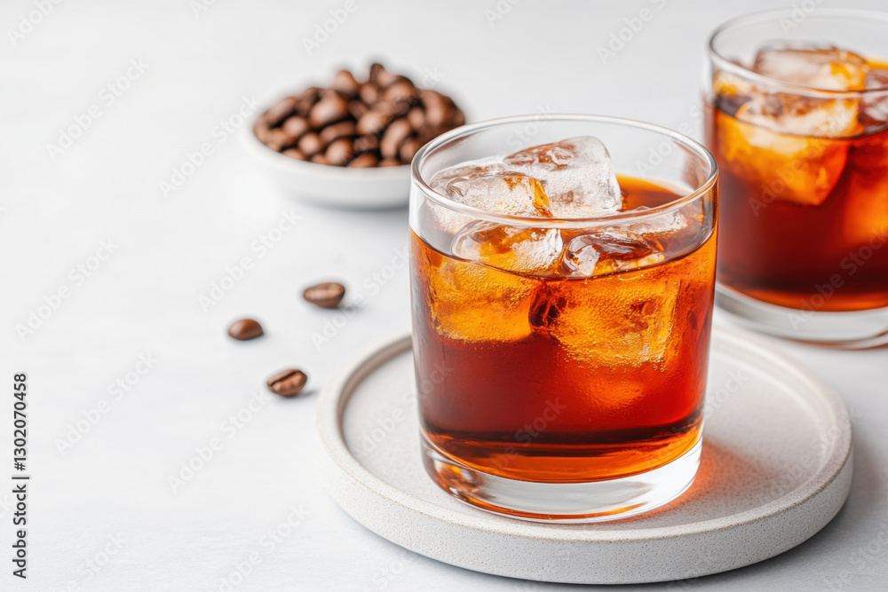 A refreshing summer iced Americano with uniquely shaped ice cubes in high fidelity resolution. A refreshing summer iced Americano with uniquely shaped ice cubes in high fidelity resolution.