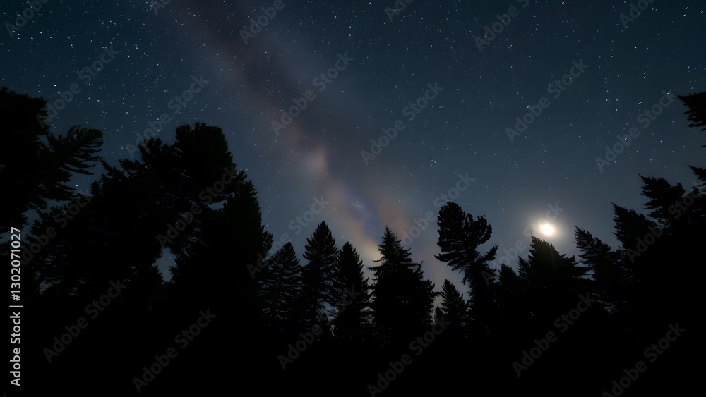 Stunning night sky showcasing the Milky Way and countless bright stars above a tranquil forest with silhouetted pine trees, creating a serene celestial landscape.