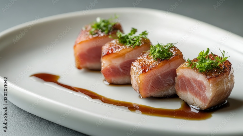 71.A studio photograph of shabu-style belly pork slices, elegantly arranged on a glossy white plate, with a muted grey background enhancing the contrast and texture of the meat. 71.A studio photograph of shabu-style belly pork slices, elegantly arranged on a glossy white plate, with a muted grey background enhancing the contrast and texture of the meat.