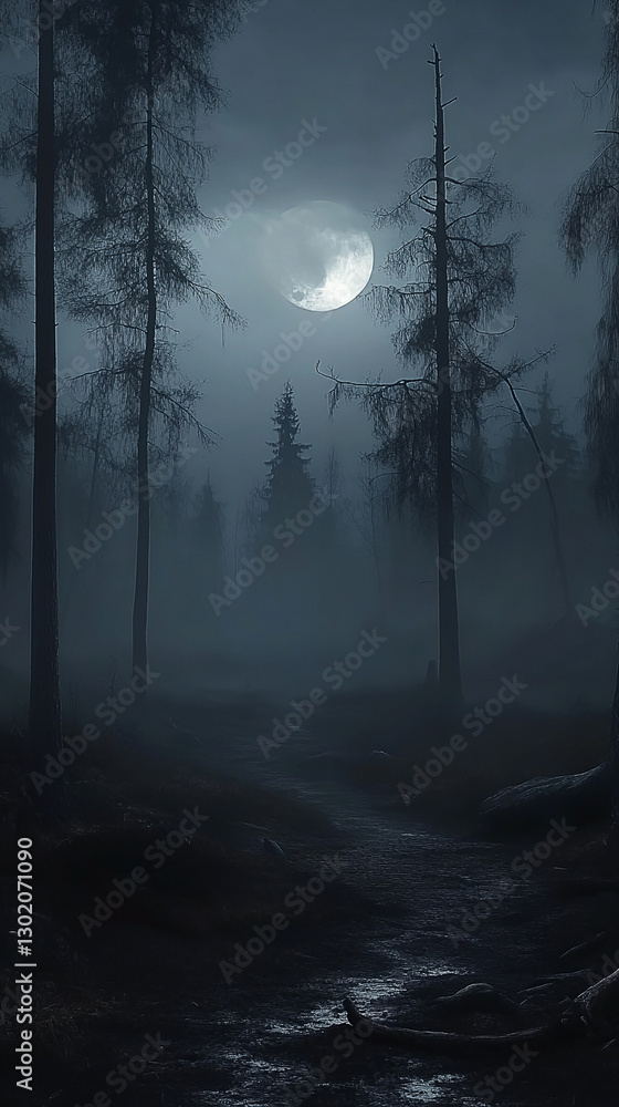 Fototapeta premium Mysterious moonlit forest path shrouded in fog with towering trees and a serene atmosphere