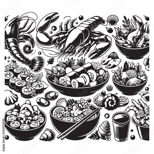Festive seafood dishes food cooked modern delicacies with a presentation on the plate. Delicious dishes: salads and soups of shrimp, crab, mussels, baked fish, rolls, sushi, octopus vector