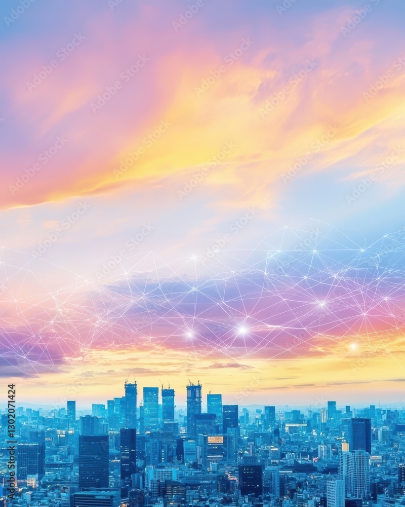 Fototapeta premium Urban skyline at sunset with vibrant colors and digital network overlay.