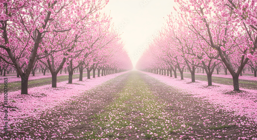 Naklejka premium Beautiful pink blossom trees in a spring orchard pathway row soft mist on transparent background